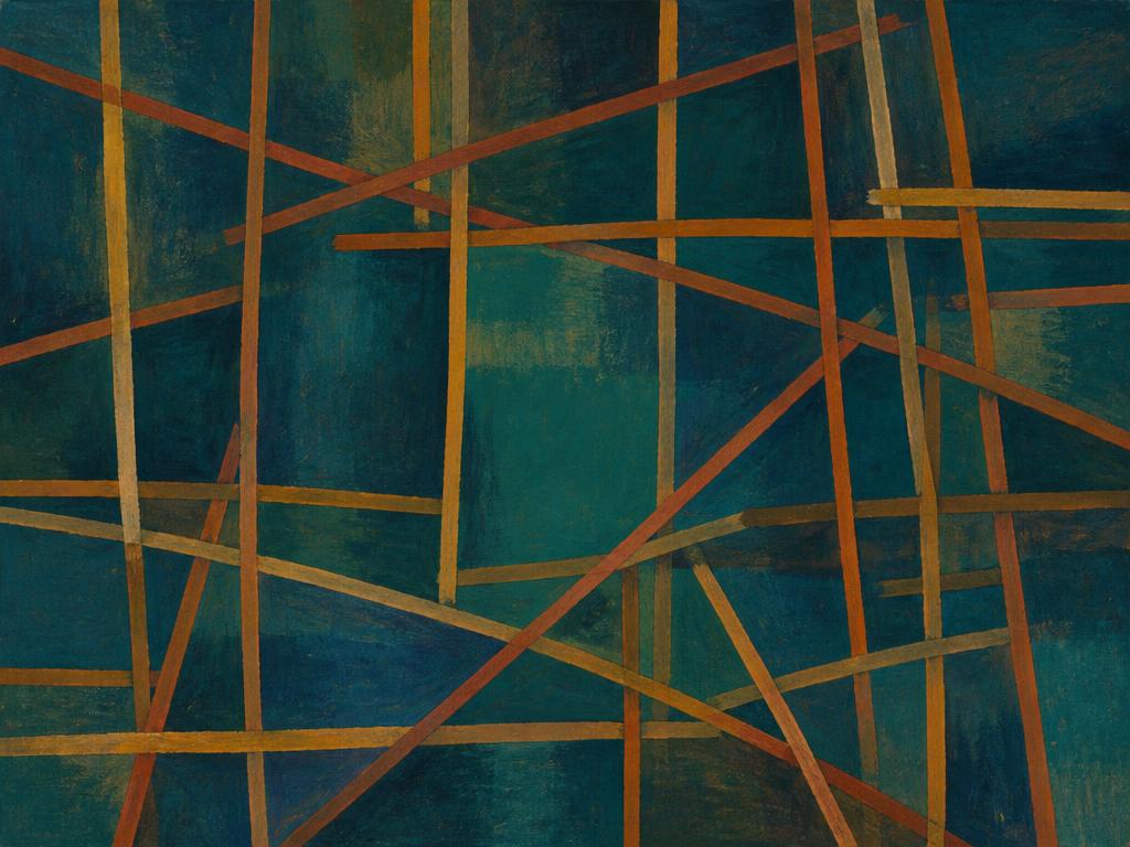 Abstract painting of interwoven rust lines forming a lattice over deep teal