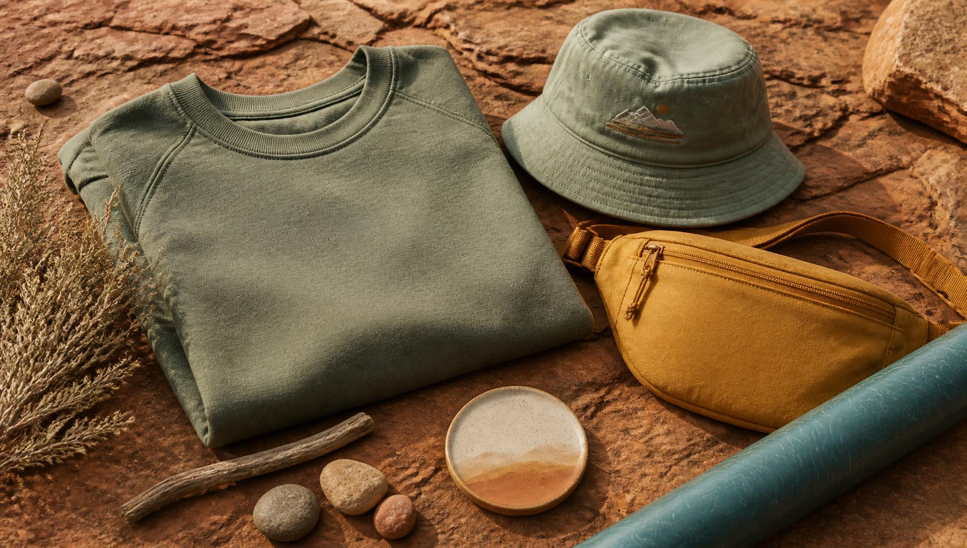 Sandstone & Stick merchandise arranged on a warm sandstone surface